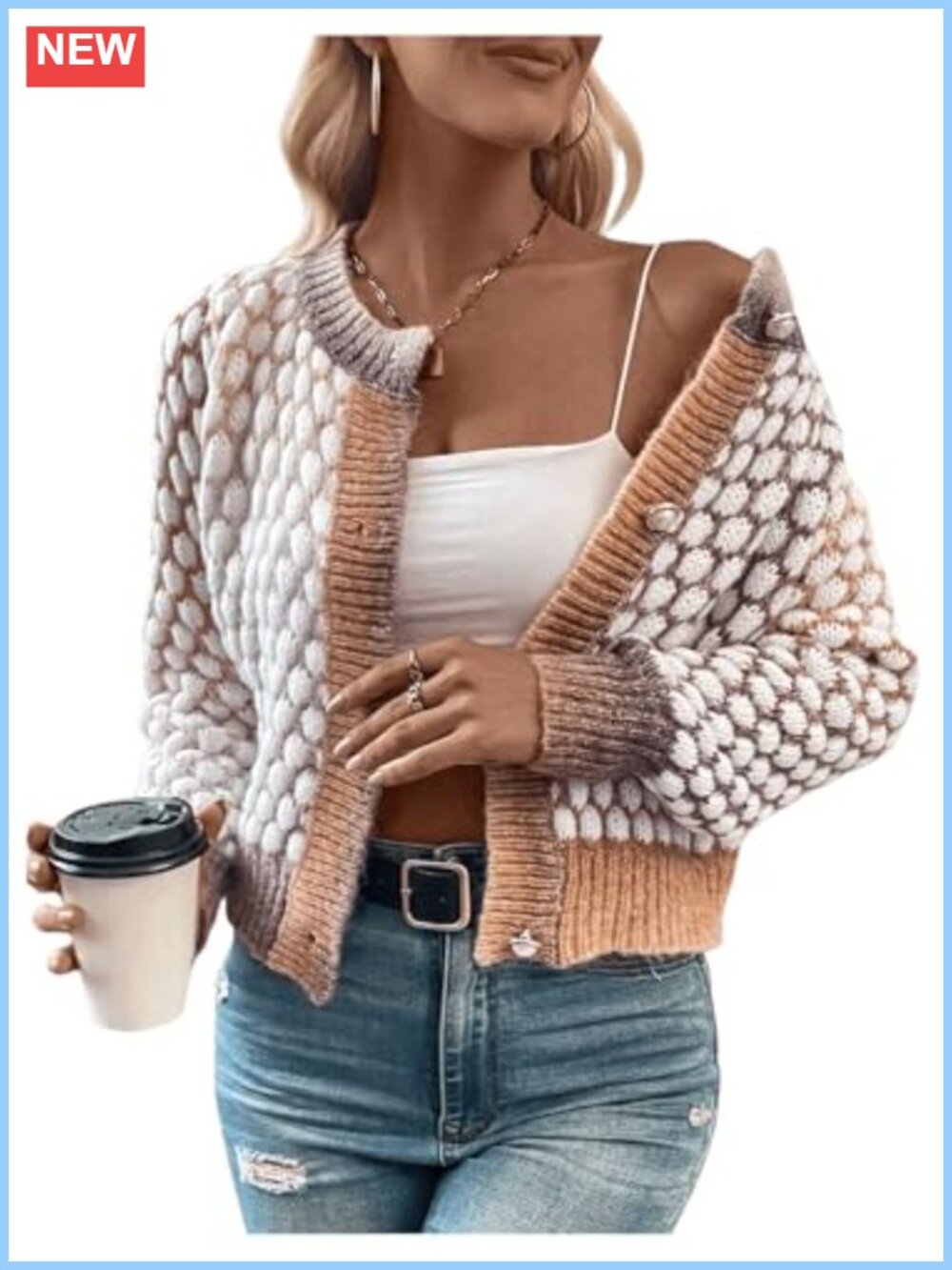 Women's Cropped Button Up Cardigan Lightweight Knit Tweed Pearl Buttons